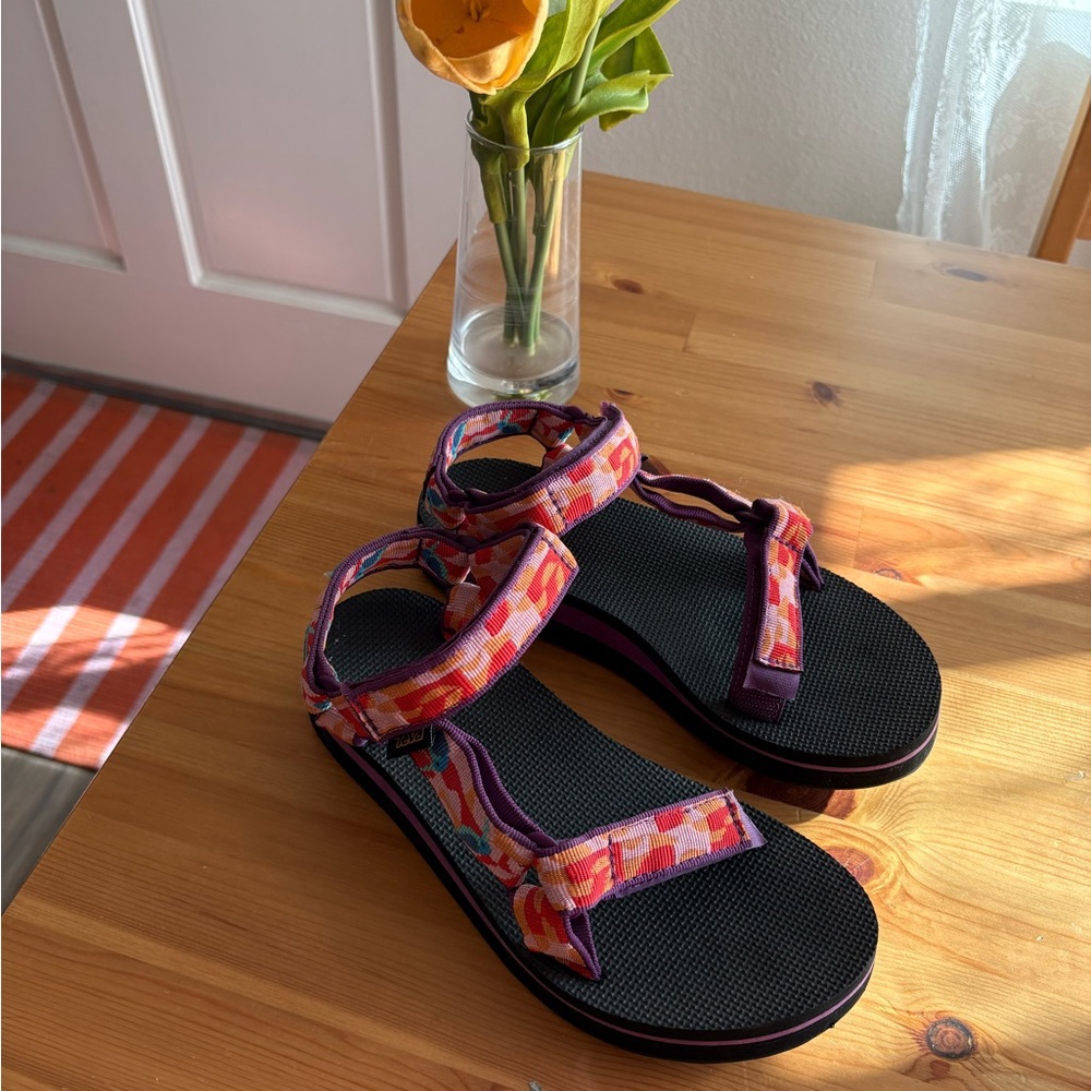 Teva Women's Sandals with Purple and Orange Patterned Straps
